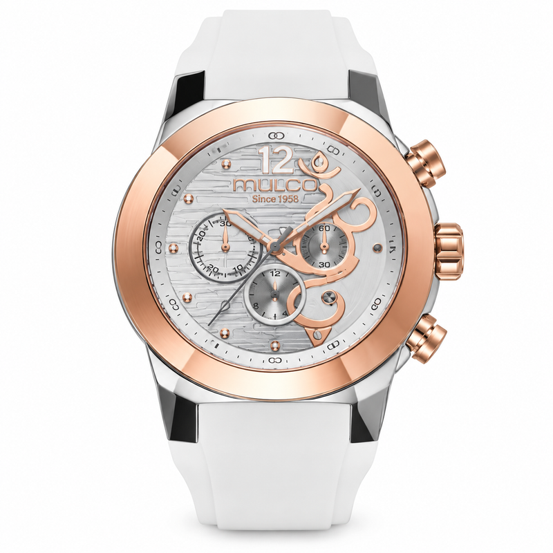 Reloj MULCO MW-231002-013 Since 1958 — correa blanca, dial silver con motivos heráldicos, bisel rose gold, vista frontal