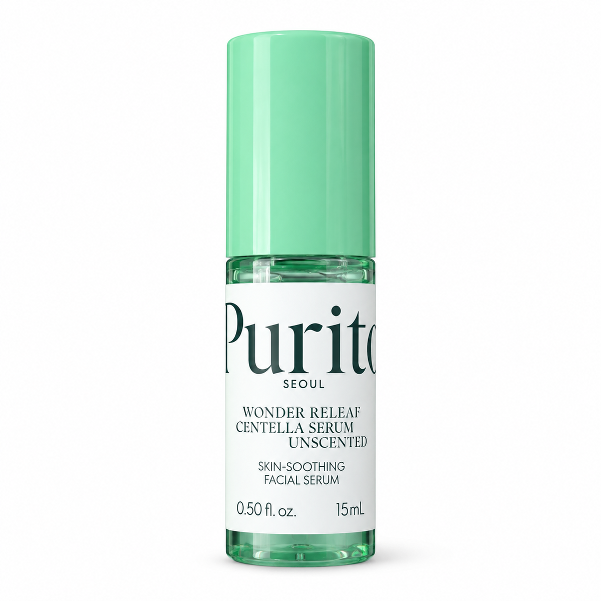 PURITO Wonder Releaf Centella Serum Unscented 15ml — botella verde fondo blanco