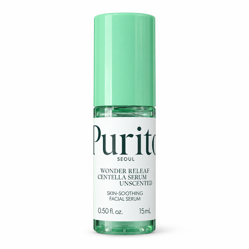 PURITO Wonder Releaf Centella Serum Unscented 15ml — botella verde fondo blanco