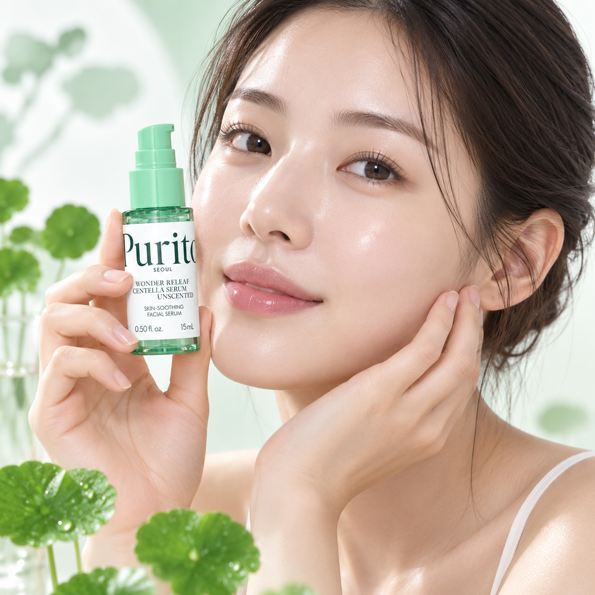 PURITO Wonder Releaf Centella Serum — modelo con piel calmada sosteniendo el frasco