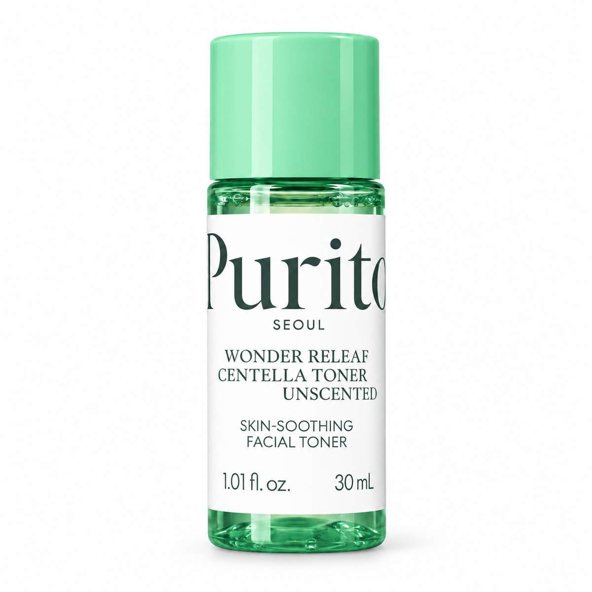 PURITO Wonder Releaf Centella Toner Unscented 30ml — botella verde fondo blanco