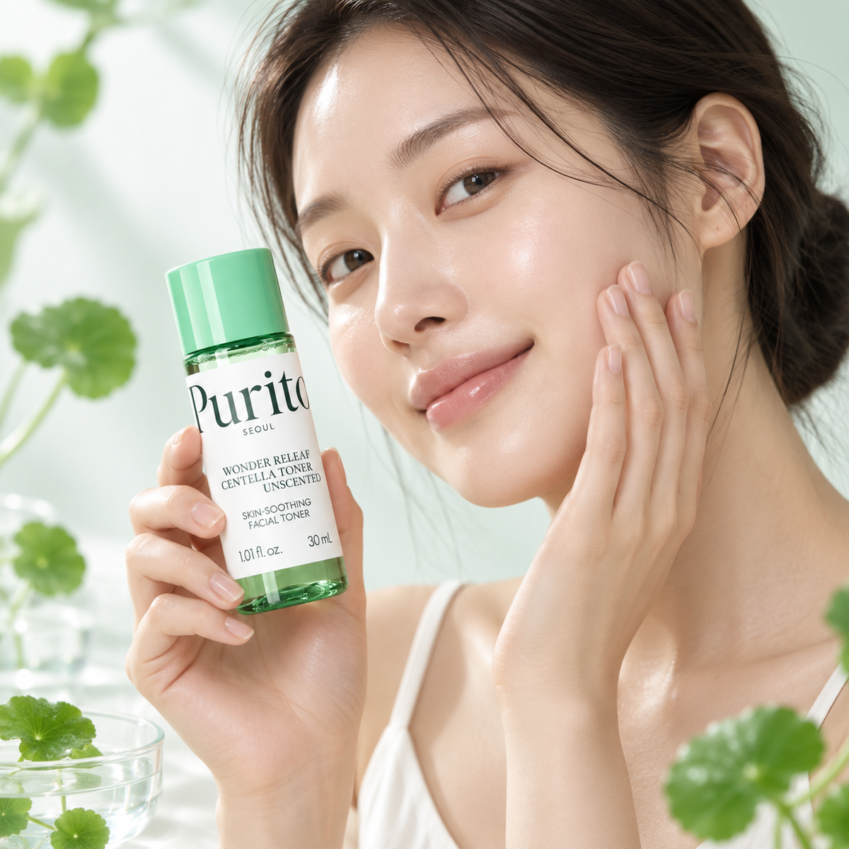 PURITO Wonder Releaf Centella Toner — modelo aplicando tóner con piel radiante