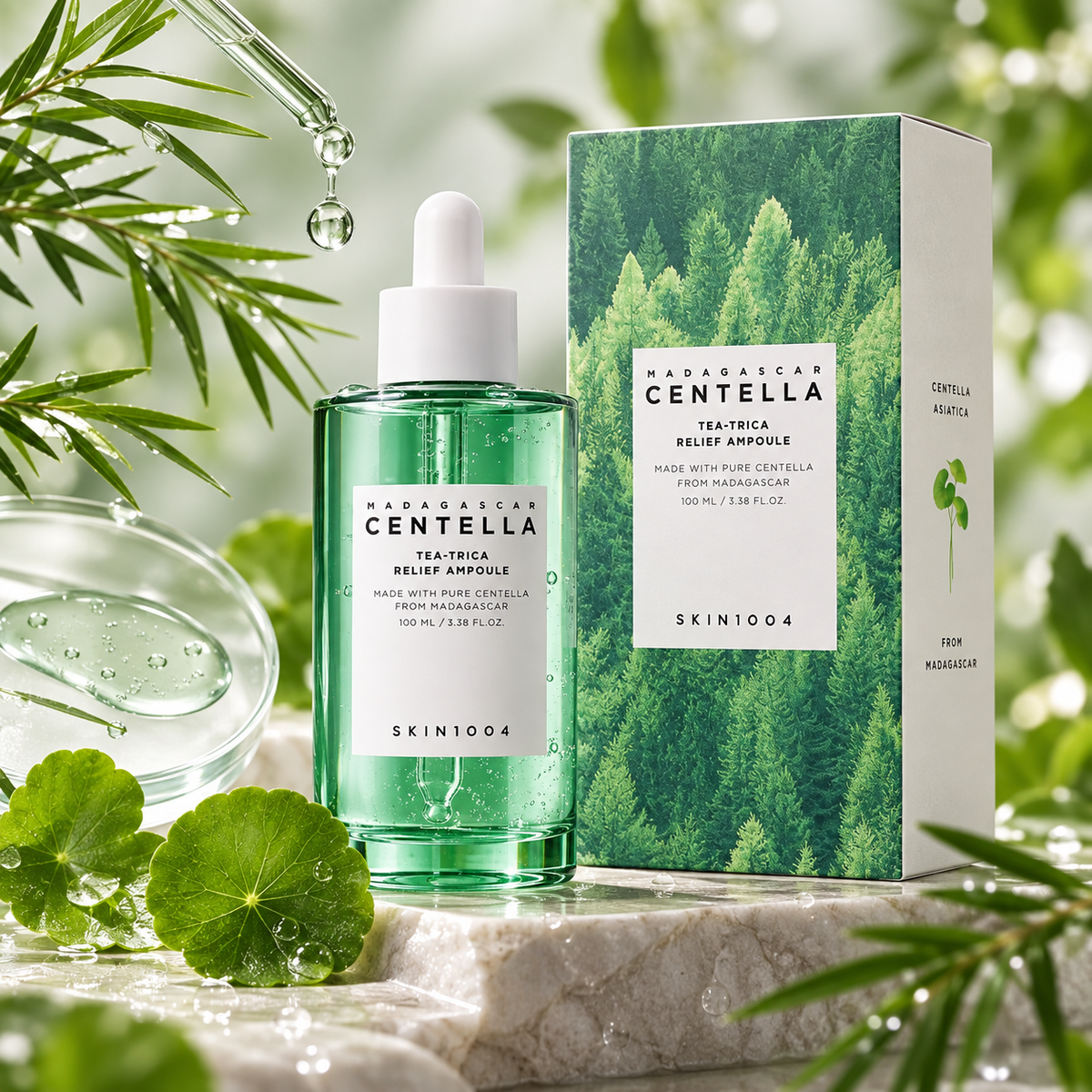 SKIN1004 Tea-Trica Relief Ampoule con caja de presentación, estilo catálogo premium