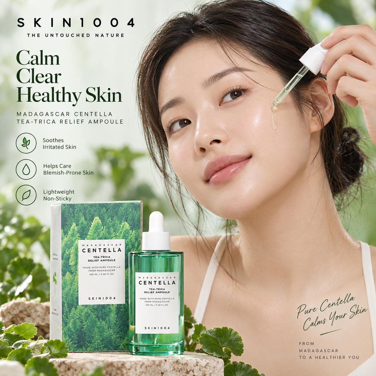Modelo aplicando SKIN1004 Tea-Trica Relief Ampoule en piel — skincare coreano en Panamá