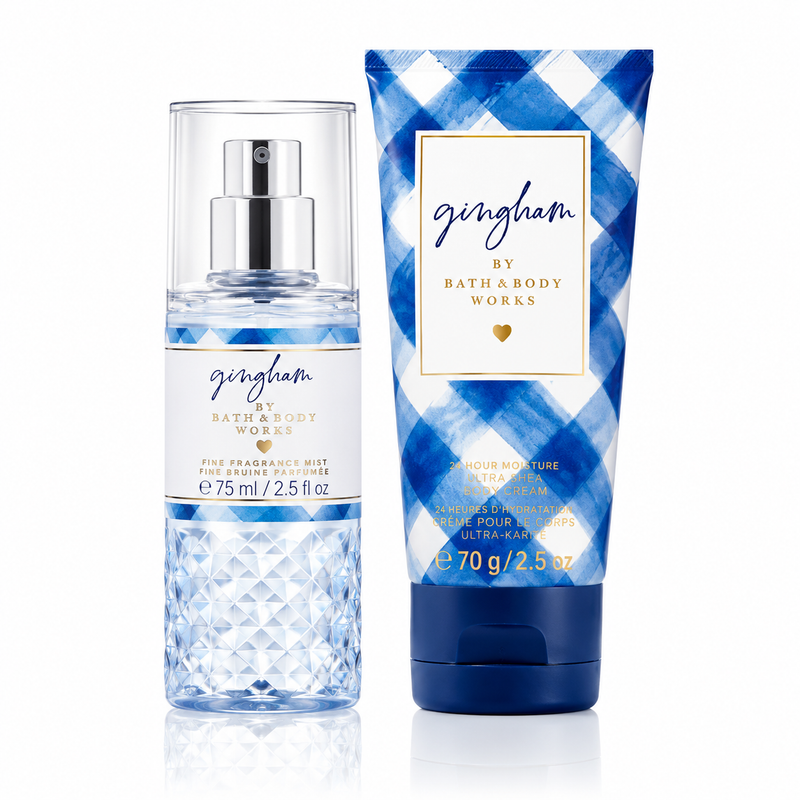 Bath & Body Works Gingham Mini set con body mist 75ml en frasco transparente facetado con tapa plateada y crema corporal 70g en tubo azul cuadros blancos y azules con tapa azul marino