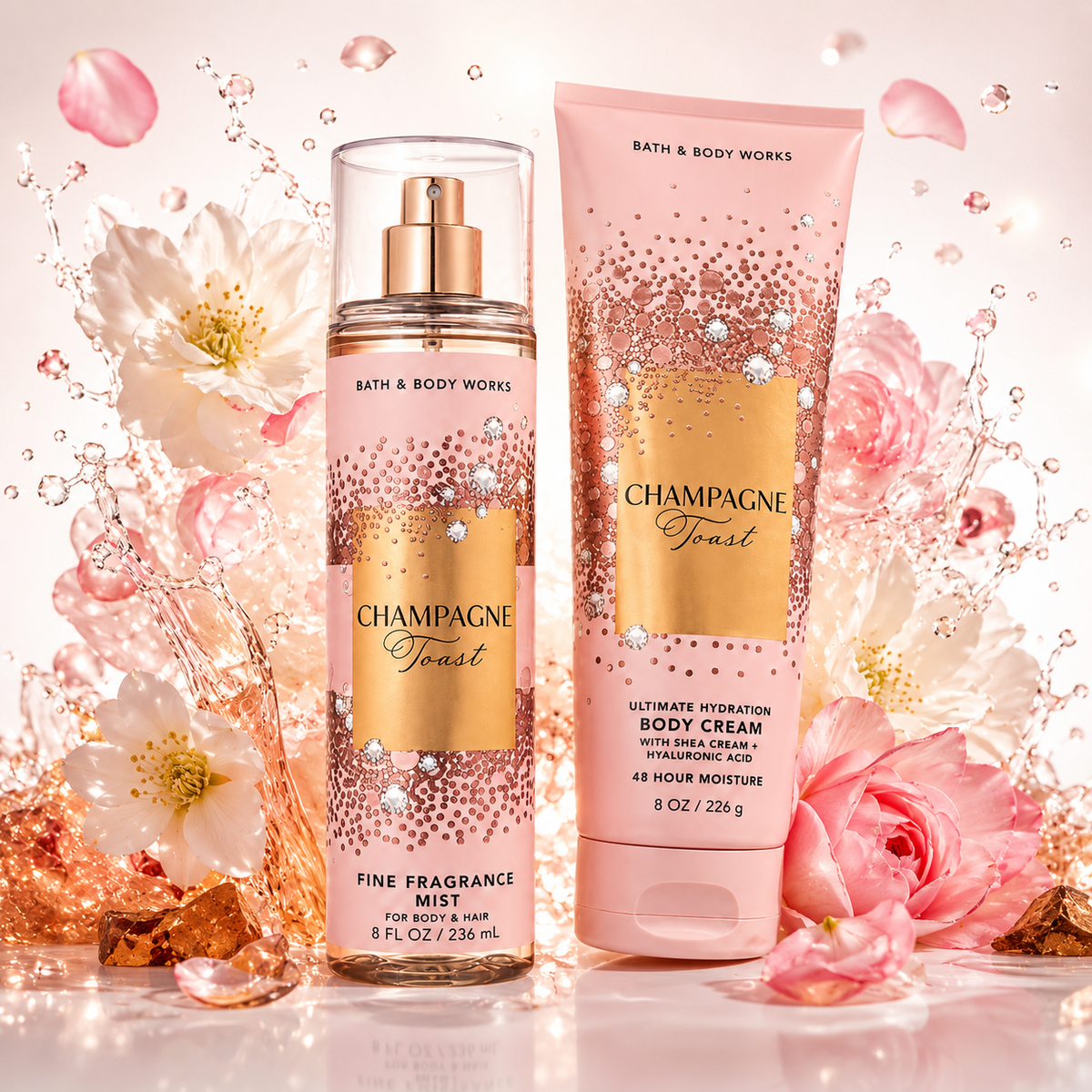 Bath & Body Works Champagne Toast set con body mist y crema corporal rodeados de flores blancas y rosas con splash de agua y pétalos sobre fondo rosado dorado