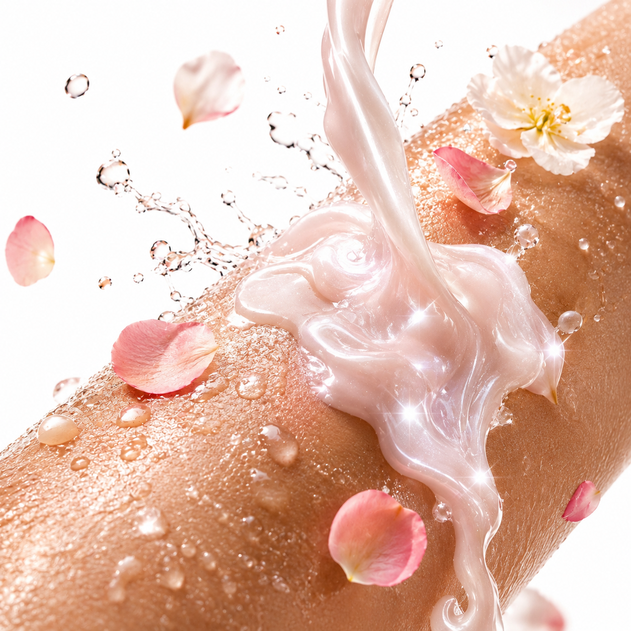 Textura cremosa de la crema corporal Bath & Body Works Champagne Toast cayendo sobre piel con pétalos de rosa rosas y flores blancas con gotas de agua