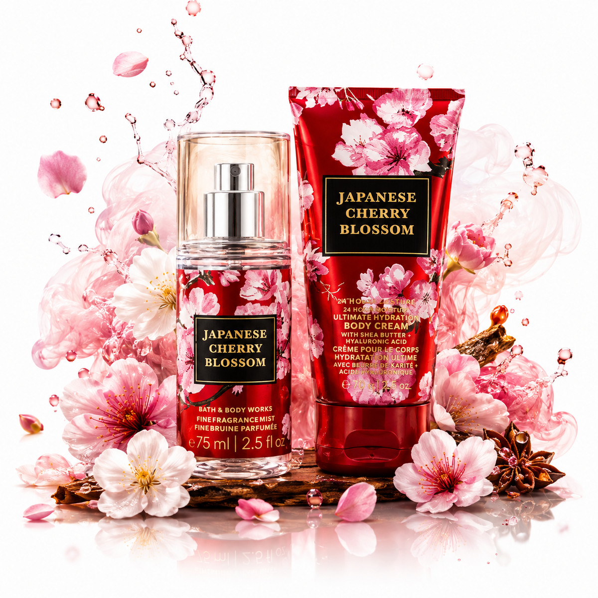 Bath & Body Works Japanese Cherry Blossom Mini set con body mist y crema corporal rodeados de flores de cerezo rosas y blancas con splash de agua y pétalos