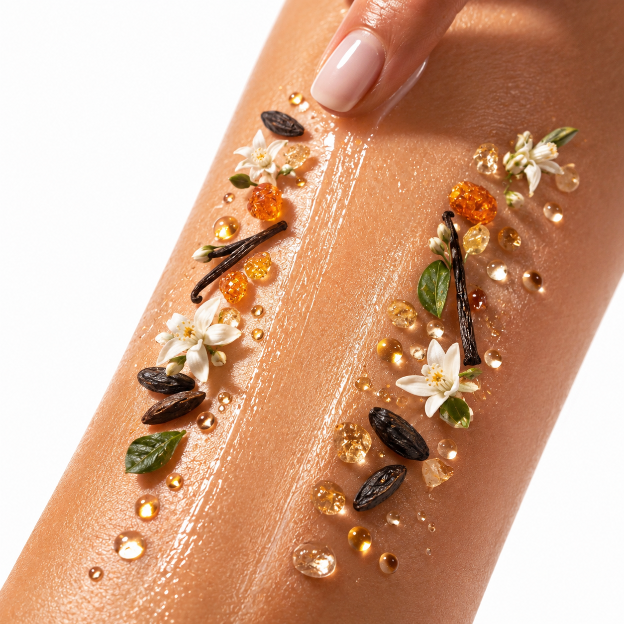 Brazo con textura brillante de la crema corporal Bath & Body Works Into the Night con flores de azahar, vainas de vainilla, semillas de tonka, ámbar naranja y gotas doradas