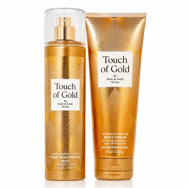 Bath & Body Works Touch of Gold set con fine fragrance mist 236ml y body cream 226g en dorado texturizado con tapa dorada y etiqueta blanca, fondo blanco