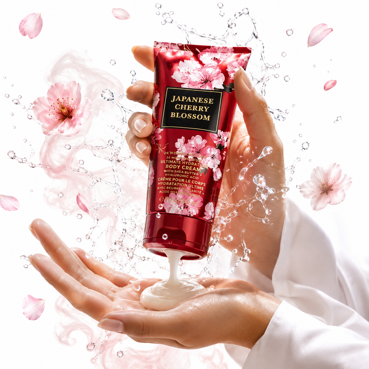 Manos sosteniendo tubo de crema corporal Bath & Body Works Japanese Cherry Blossom con textura cremosa cayendo, rodeado de flores de cerezo rosas y splash de agua