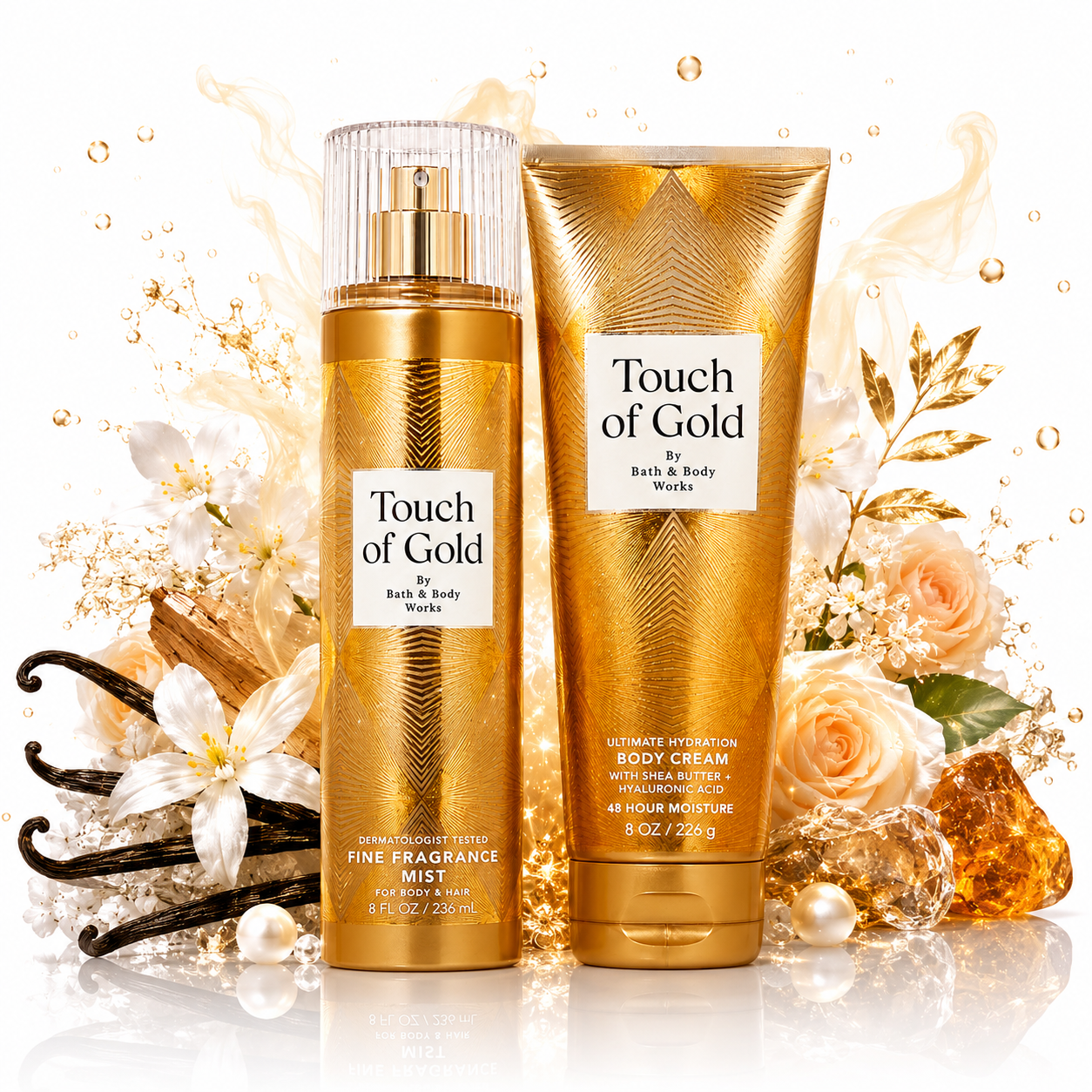 Bath & Body Works Touch of Gold set con mist y body cream dorados rodeados de rosas blancas y melocotón, flores de jazmín, vainas de vainilla, ámbar, perlas y destellos dorados