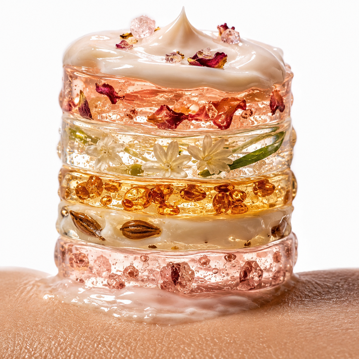 Primer plano de textura en capas de la body lotion Bath & Body Works Pure Wonder sobre piel con pétalos de rosa roja, flores de jazmín blancas, ámbar dorado y semillas de cardamomo
