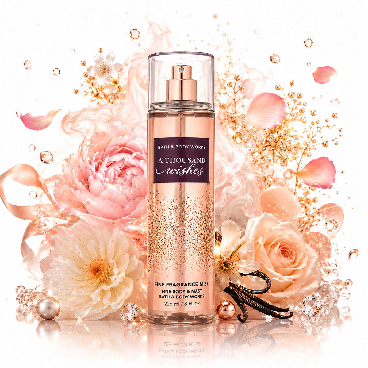 Bath & Body Works A Thousand Wishes body mist 226ml rodeado de flores de peonía rosas, rosas melocotón, flores blancas, vainilla, perlas y detalles dorados sobre fondo blanco luminoso