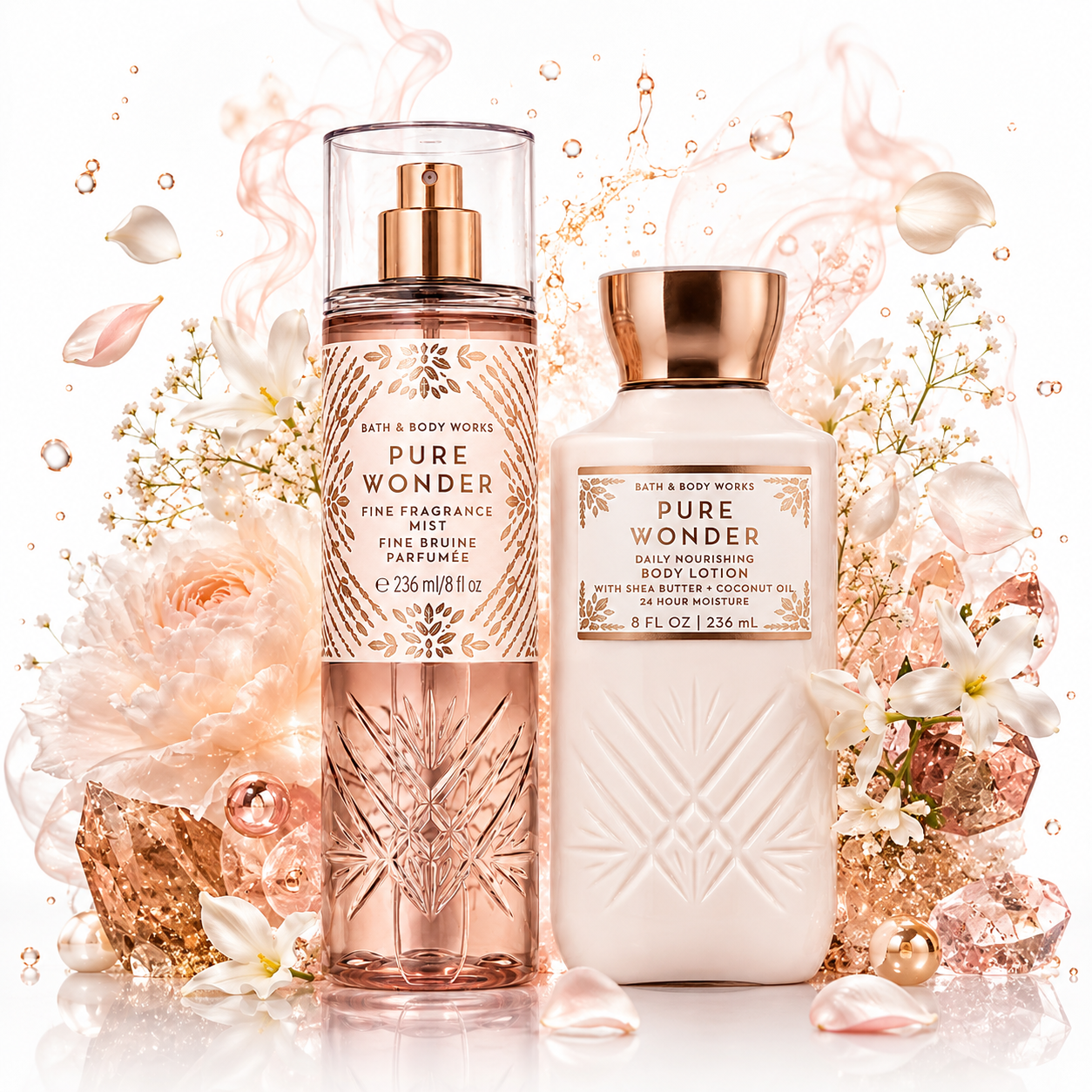 Bath & Body Works Pure Wonder set con body mist y body lotion rodeados de rosas blancas y rosas, flores de gypsophila, pétalos rosas, cristales y destellos dorados sobre fondo blanco luminoso