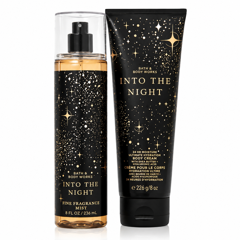 Bath & Body Works Into the Night set con body mist 236ml y crema corporal 226g en negro con estrellas y texto dorado, fondo blanco