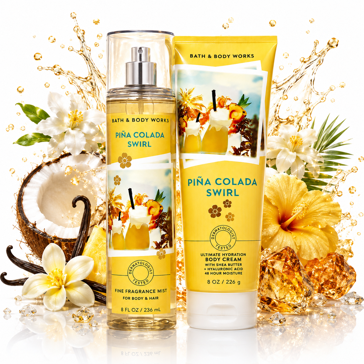 Piña Colada Swirl de Bath & Body Works en Gotitas de Miel Panamá, contenido del set.